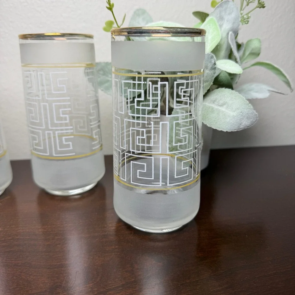 Vintage Libbey Greek Key Frosted Highball‎ Glasses Gold Rim MCM Set of 4